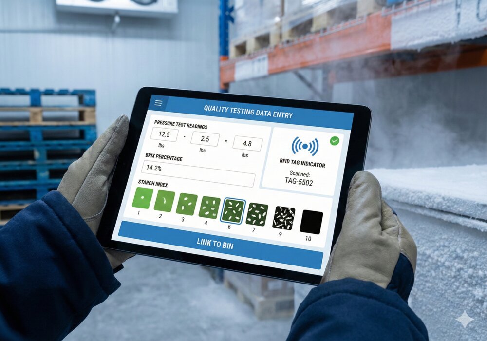 Quality testing interface showing pressure and Brix measurements